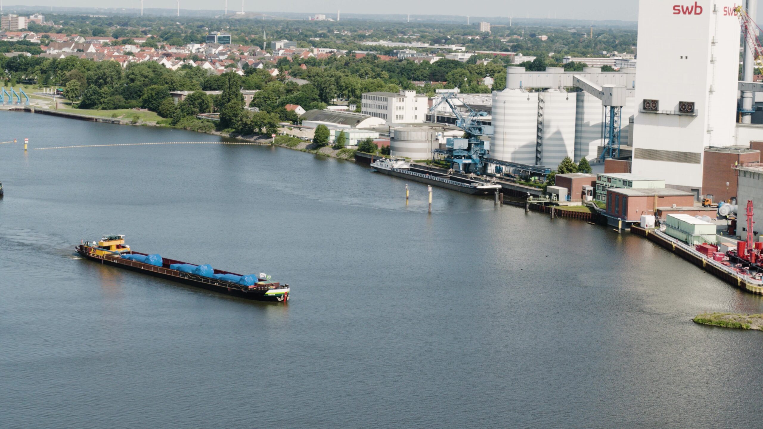 Barge with three gensets on river Weser - Bremen, Germany